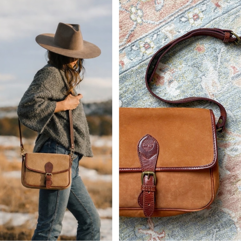 VTG Timberland Tan Suede Leather Western Crossbody Bag Travel Boho Equestrian